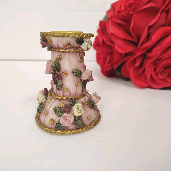 Vintage Pink Floral Mini Candle Holder Shabby Chic Roses Gold Accents... - Picture 3 of 6